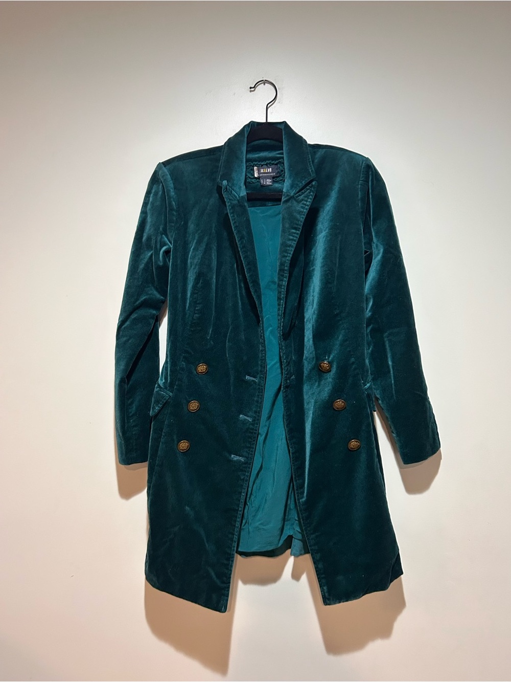 Anthropologie Teal Velvet Longline Double-Breasted Blazer